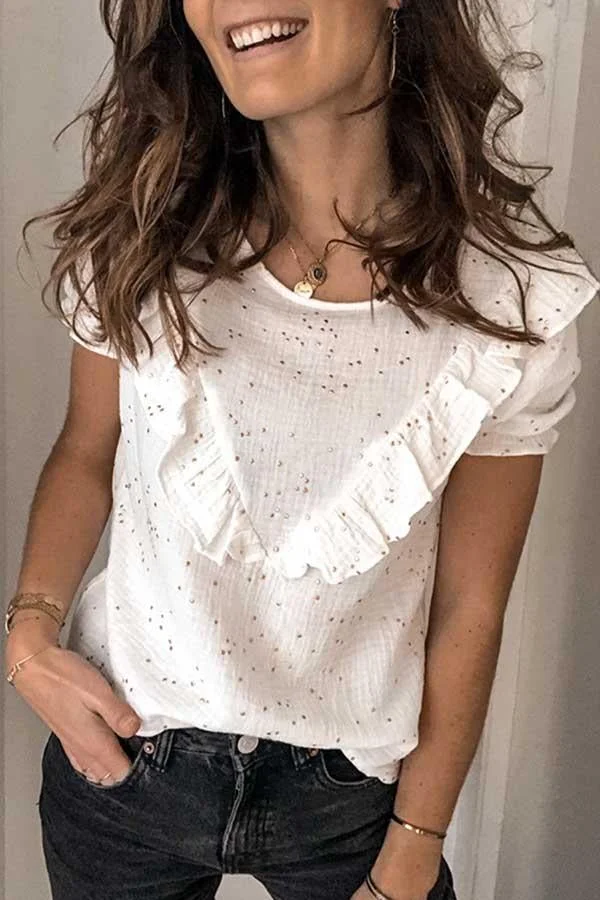 Short Sleeve Floral Lace Round Neck Casual Wear T-Shirt