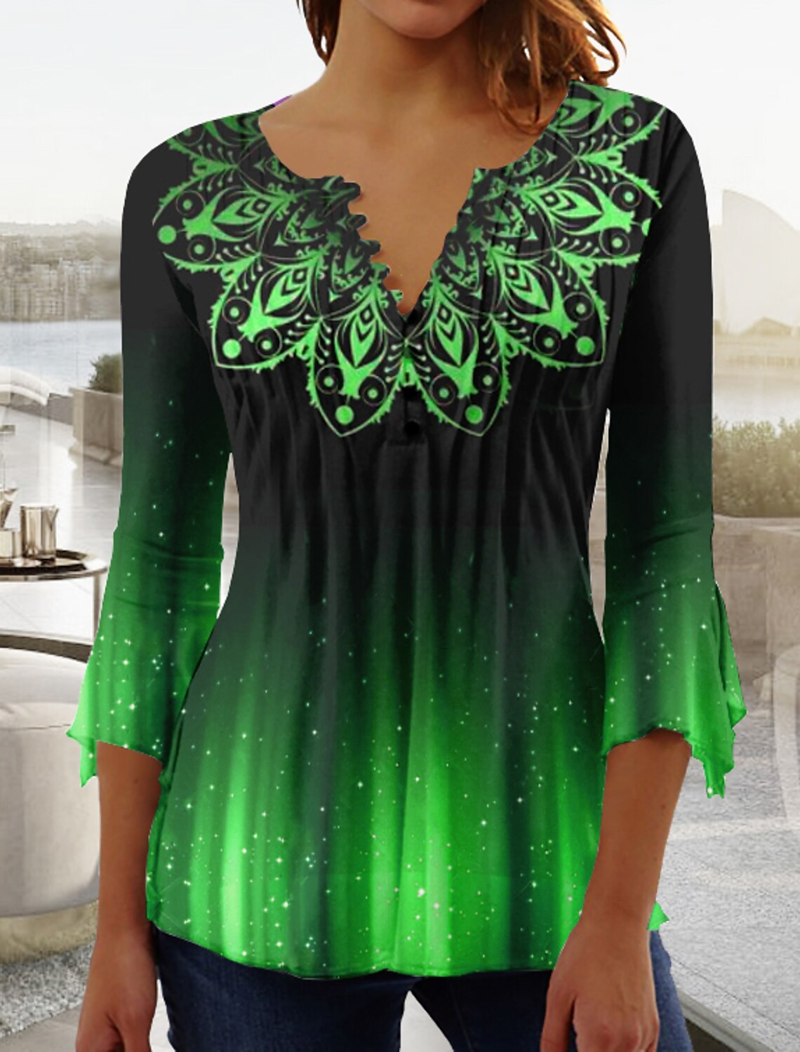 Women Long Sleeve V-neck Graphic Floral Printed Top