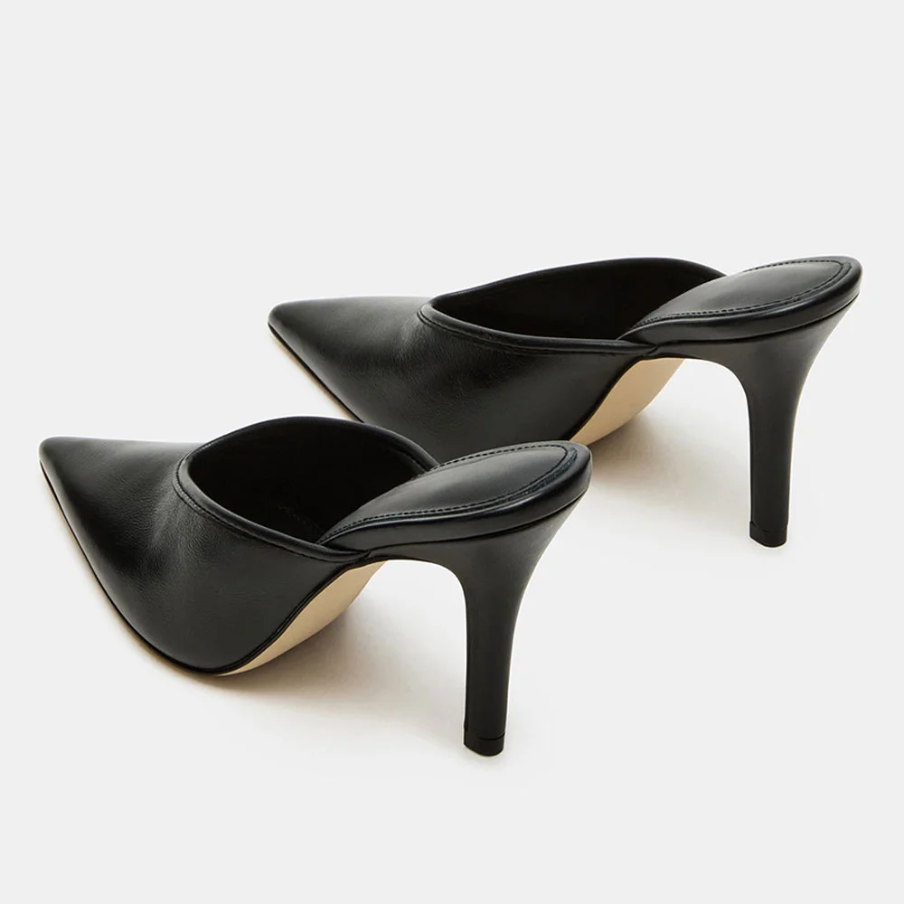 Classic Black Vegan Leather Pointed Toe Stiletto Heeled Mules