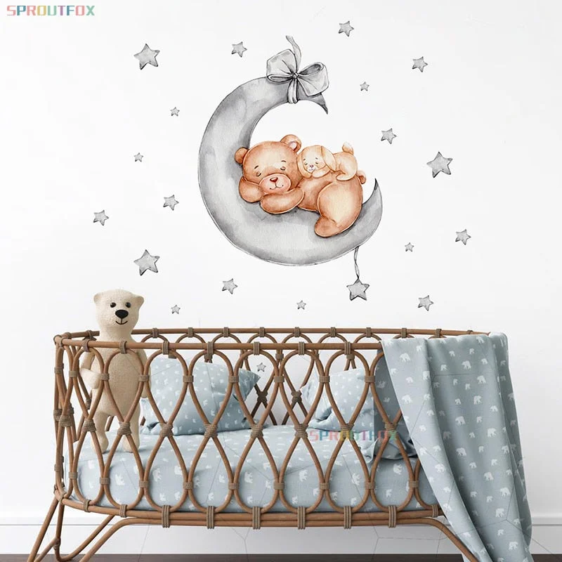 Animal Wall Stickers For Children's Room Wallpaper Bear Moon Decorative Sticker Children Wall Stickers Child For Kids Rooms PVC