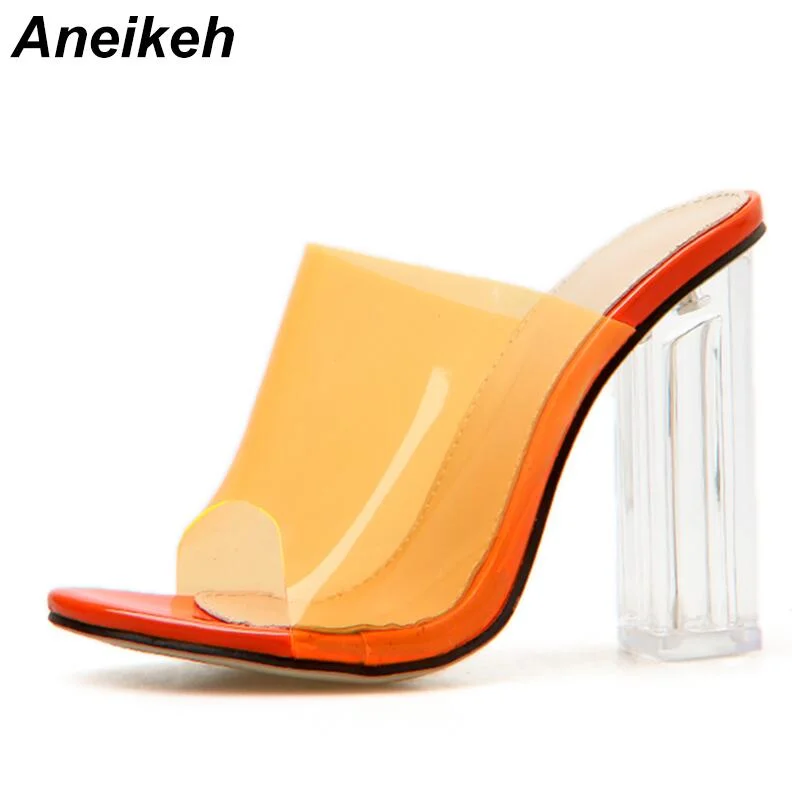 Aneikeh 2021 New Fashion  PVC Jelly Sandals Crystal Open Toed Sexy Thin Heels Women Transparent Slippers Pumps Outside 40 41 42