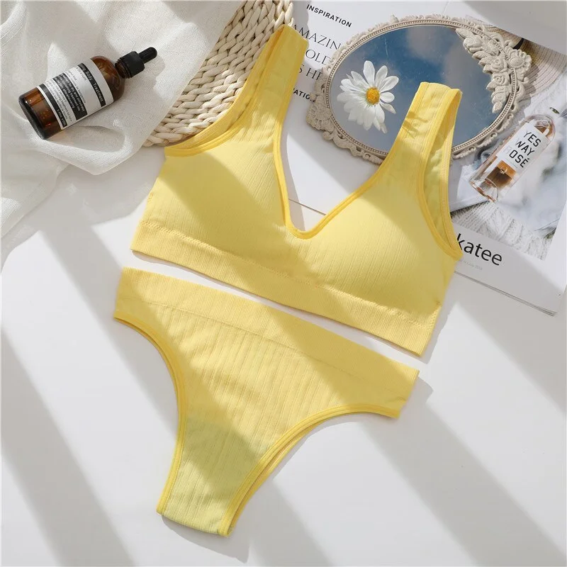 FINETOO Padded Bra Set Women Backless Tops Seamless Panties Female Deep V Bralette M-XL Wireless Bras Suit Ladies Lingerie 2021