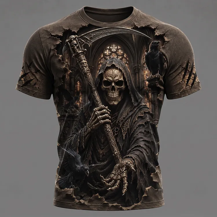 Men's Vintage Halloween Skull Print Crew Neck Short Sleeve Casual T-shirt