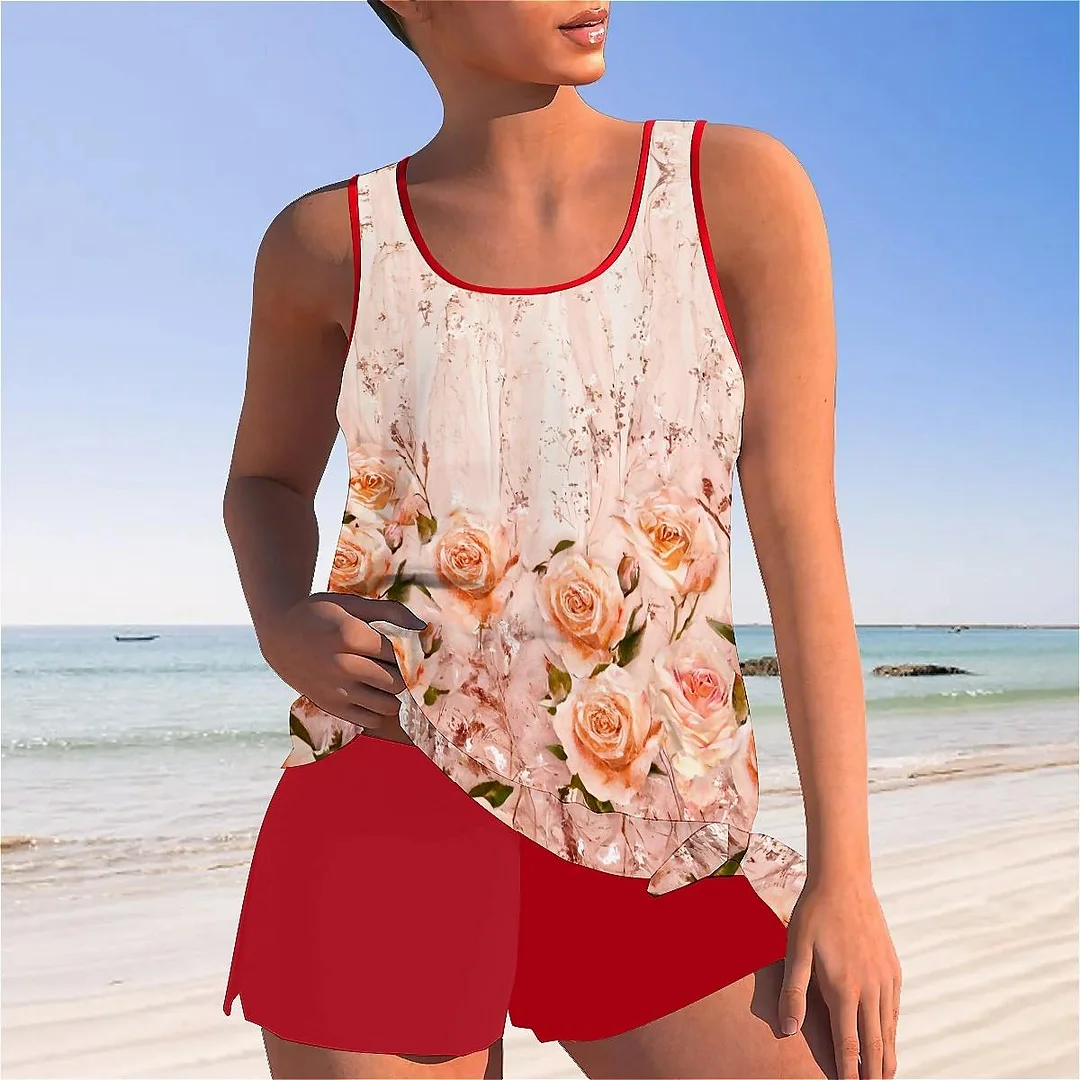 Bowknot Floral,Glitter,Pink Mid Waisted Tankini Set - Plus Size Available