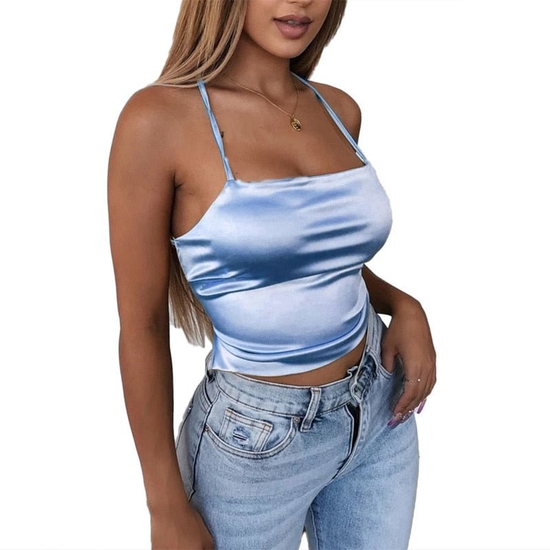 High Quality 2020 New Fashion Women Sexy Style Satin Silk Backless Back Bandage Vest Blouse Tops Strappy Summer Beach Cami Tank