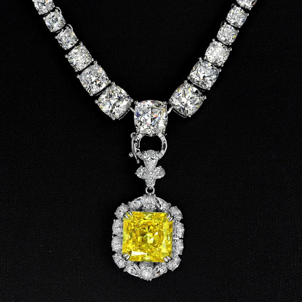 100% 925 Sterling Silver 13*13 MM Pincushion Created Moissanite Citrine Gemstone Pendant Necklace Fine Jewelry Gift