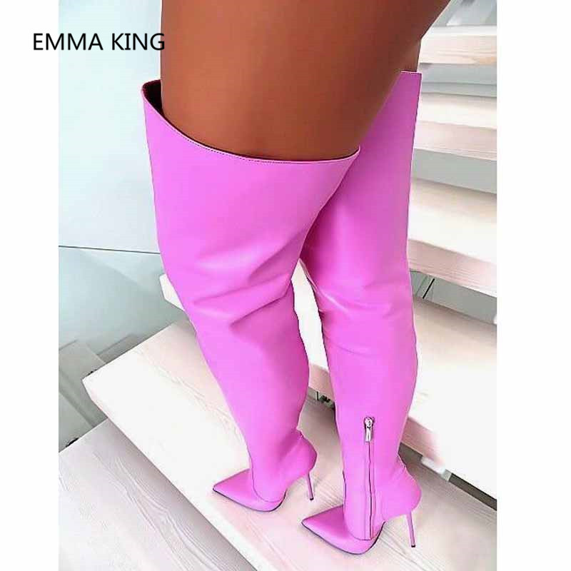 Purple Stretch Women Thigh High Boots Fetish Pointed Toe Thin High Heel Shoes Ladies Overknee Long Boots Woman