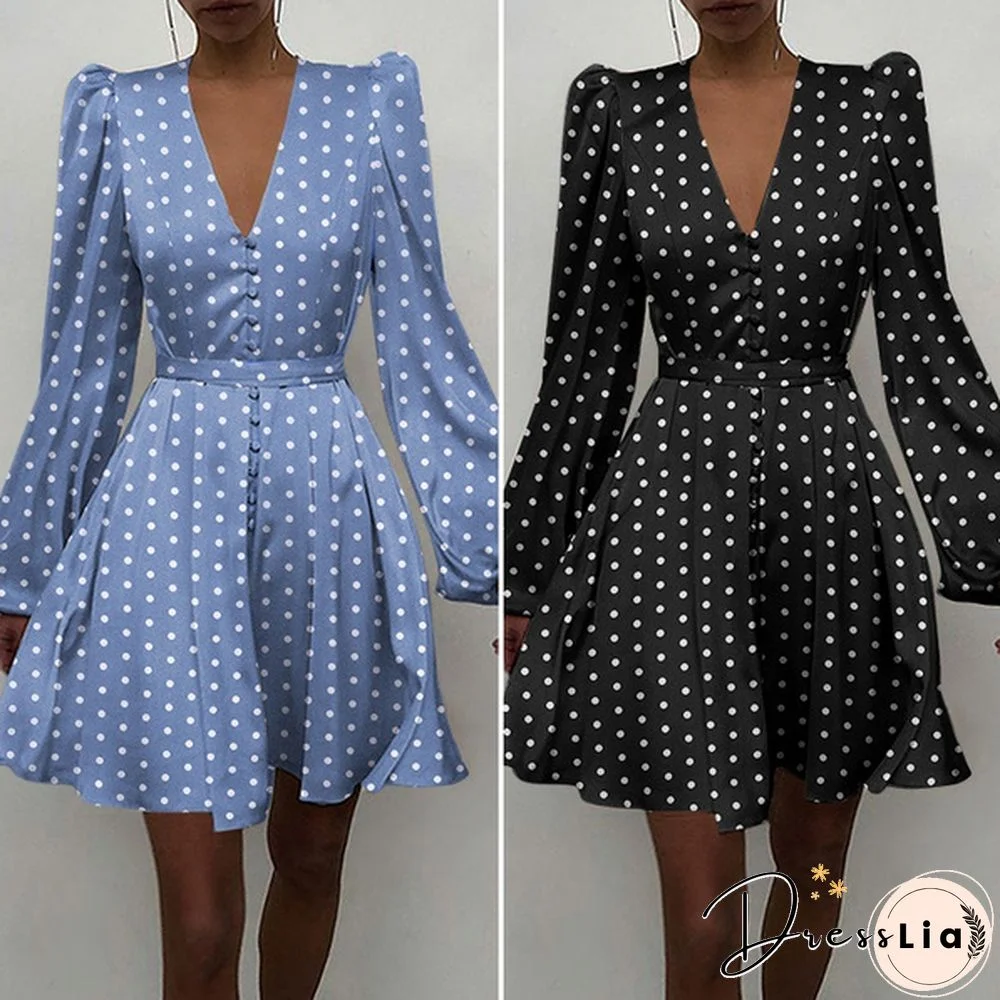 Autumn Spring Dresses Women Stain Silk Polka Dot Puff Long Sleeve V Neck Party Mini A Line Dress Plus Size