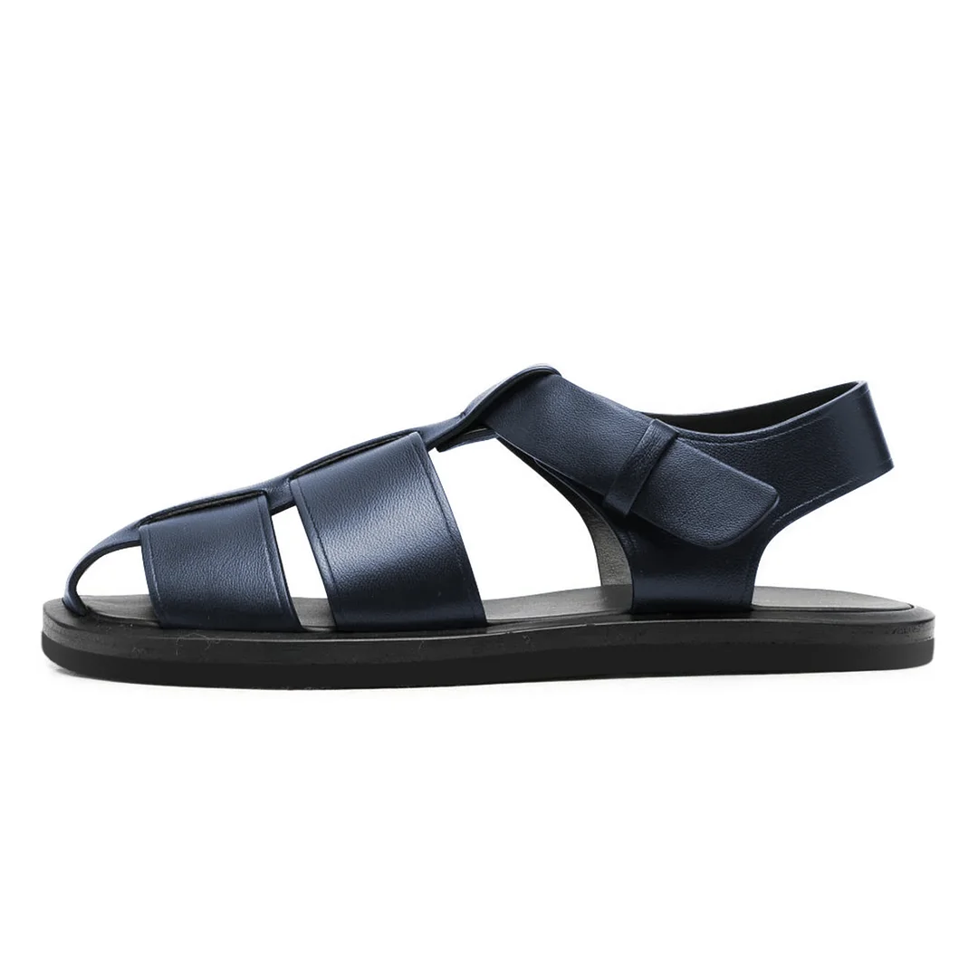 Vegan Leather Round-Toe Cage Comfy Flat Sandals in Navy