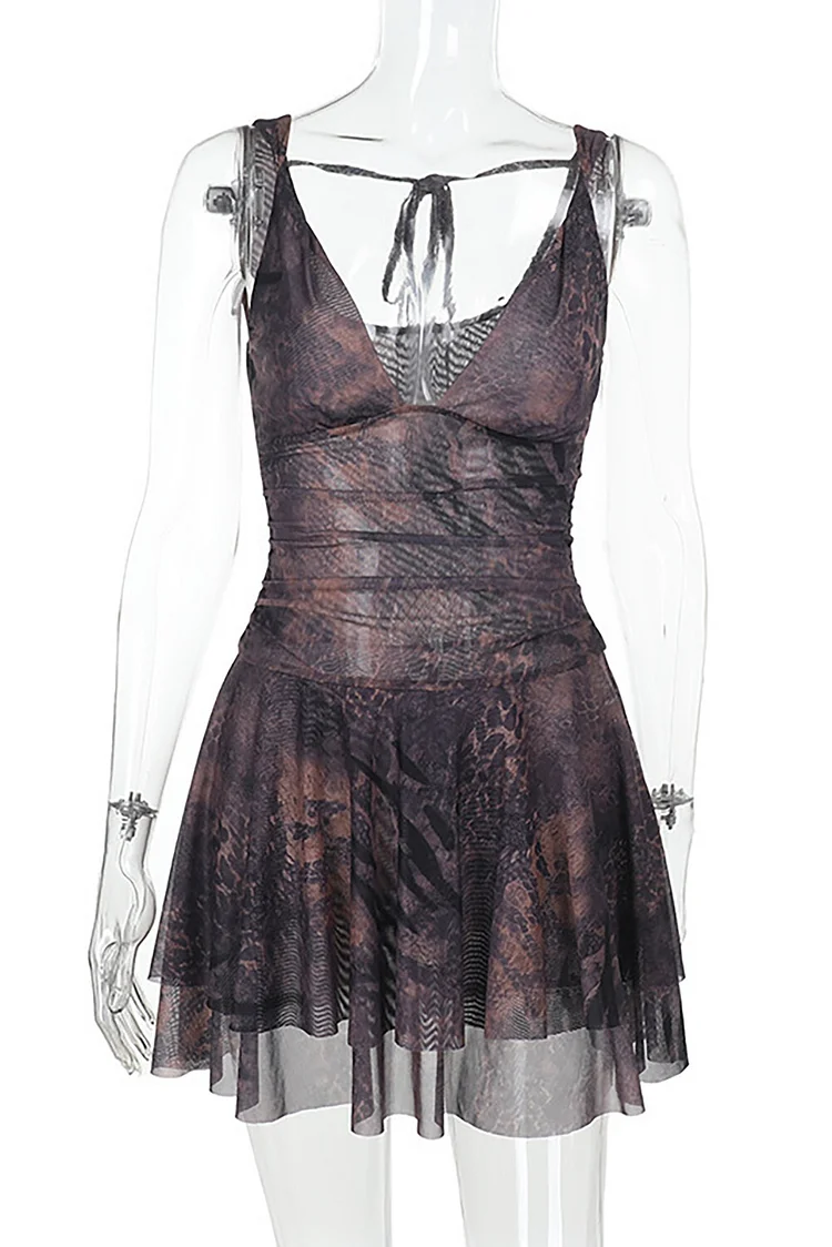 Plunge Neck Cinch Waist Animal Print Cami Mini Dresses-Blue