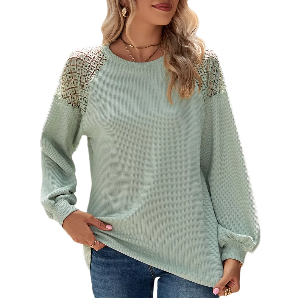 Pea Green Waffle Splicing Lace Round Neck Long Sleeve Tops