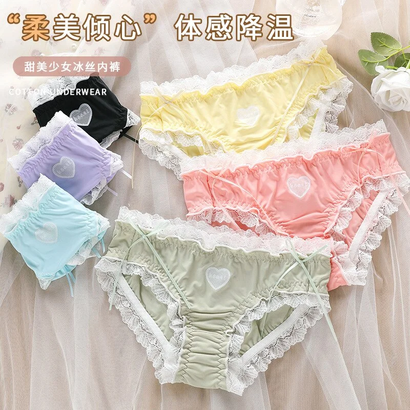 Billionm Ice Silk Panties Female Lace Sexy Lingerie Girls Lolita Love Bow Panties Cute Candy Color Women's Briefs Solid Color Briefs