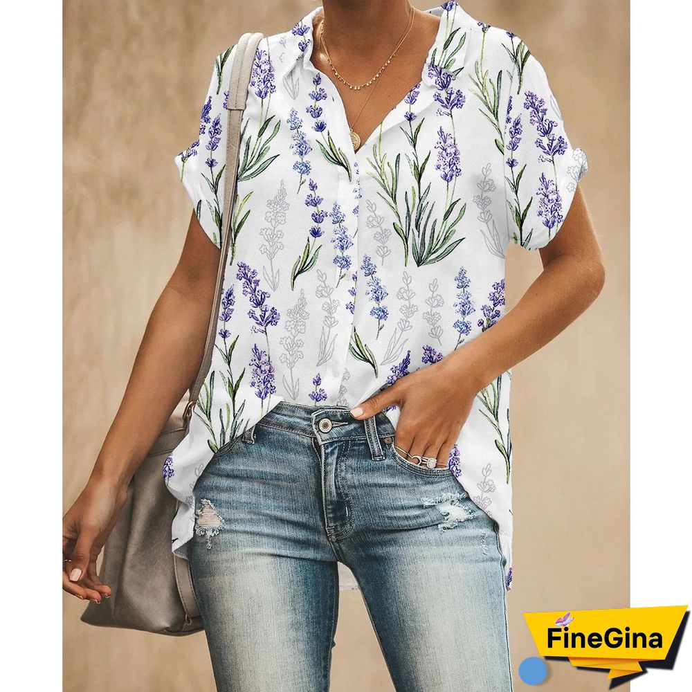 Printed Short Sleeve Lapel Women Shirt