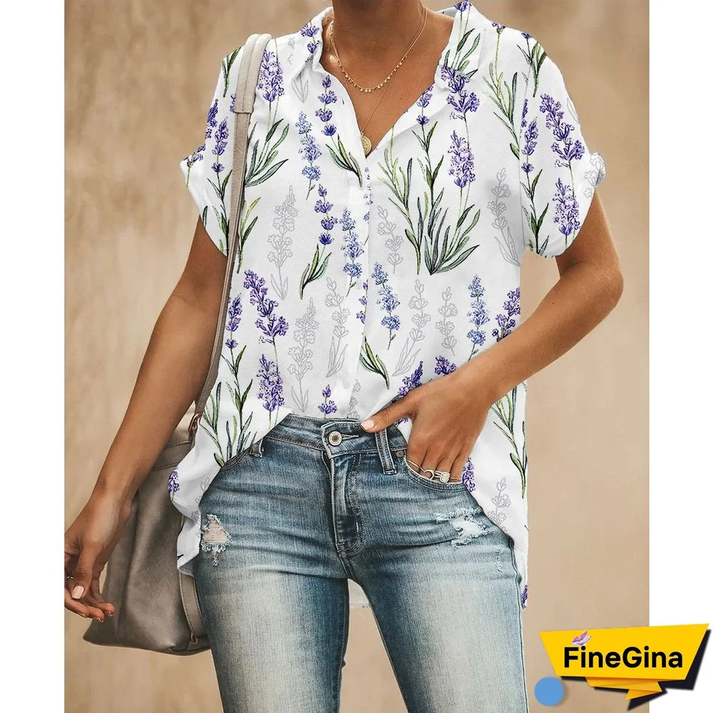 Printed Short Sleeve Lapel Women Shirt