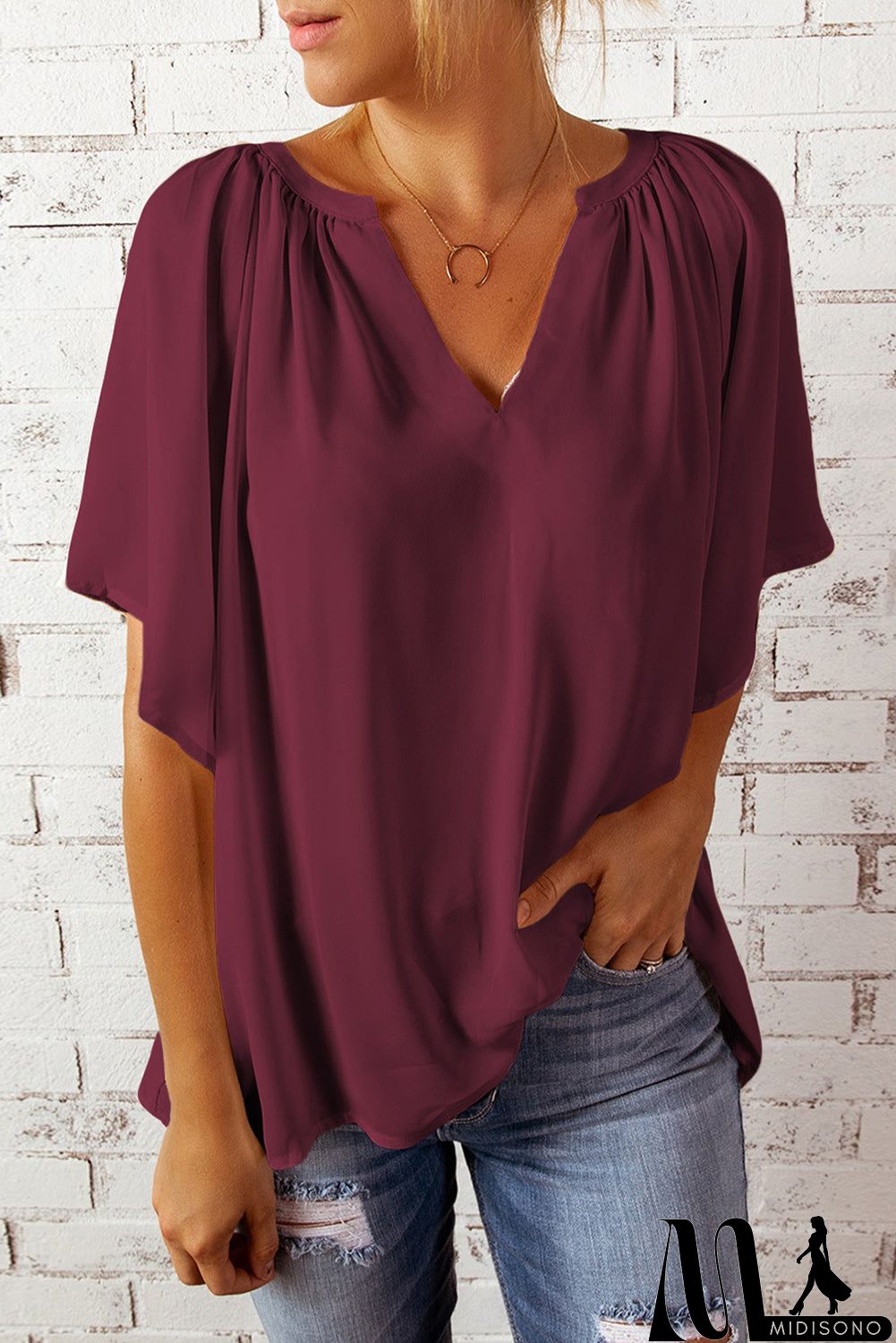MidiSono - Split Neck Pleated Loose Top