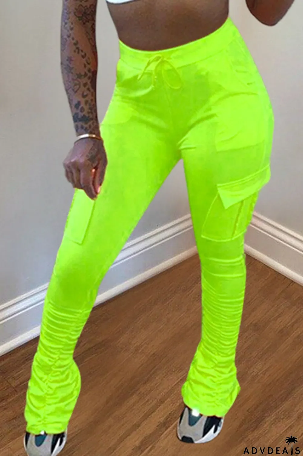 Orange Drawstring High Solid Pocket Draped Boot Cut Pants Bottoms