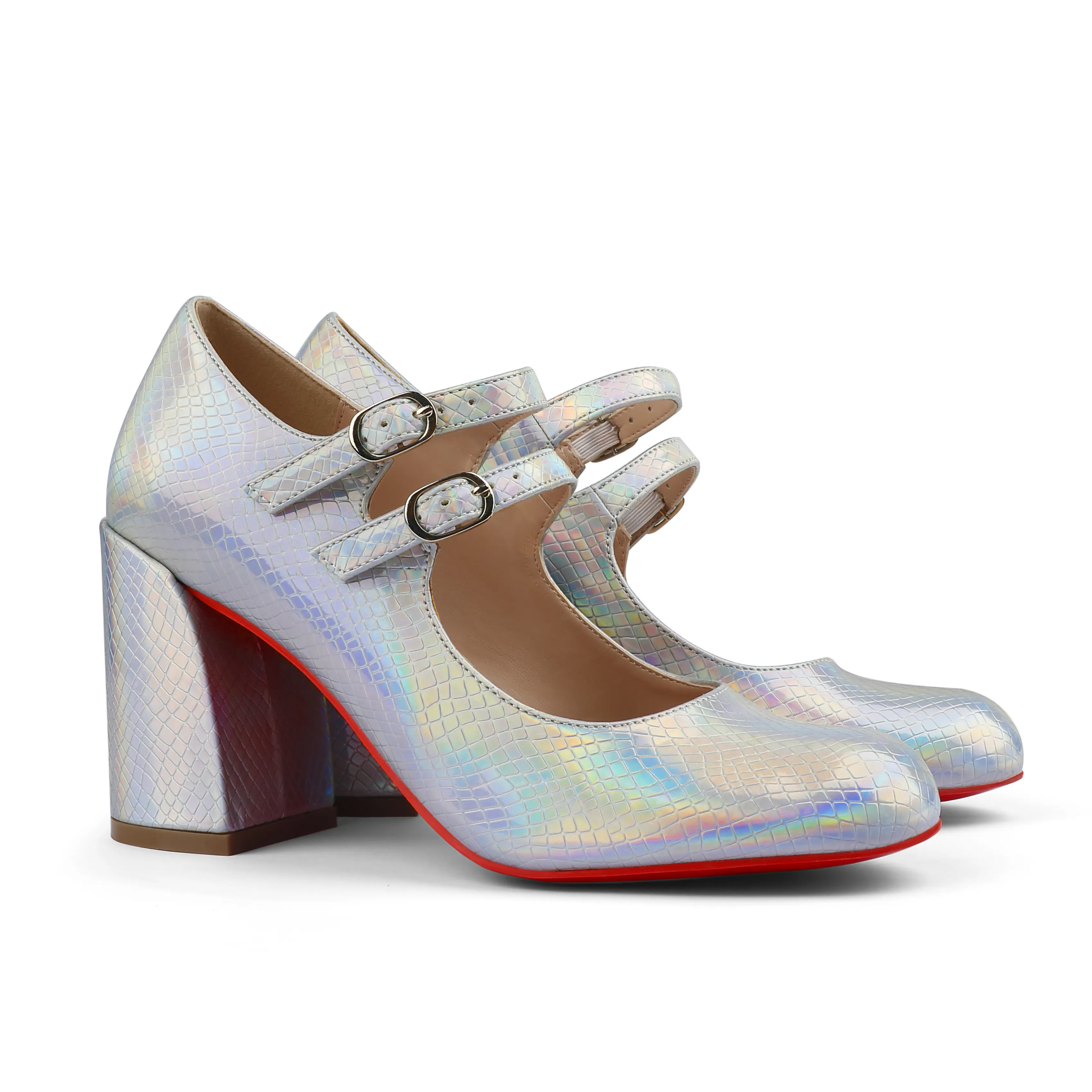 85mm Thick Low Chunky Heels Mary Jane Stone Pattern Closed Toe Work Pumps Comfortable Round Toe Dress Wedding Red Sole Shoes-vocosishoes