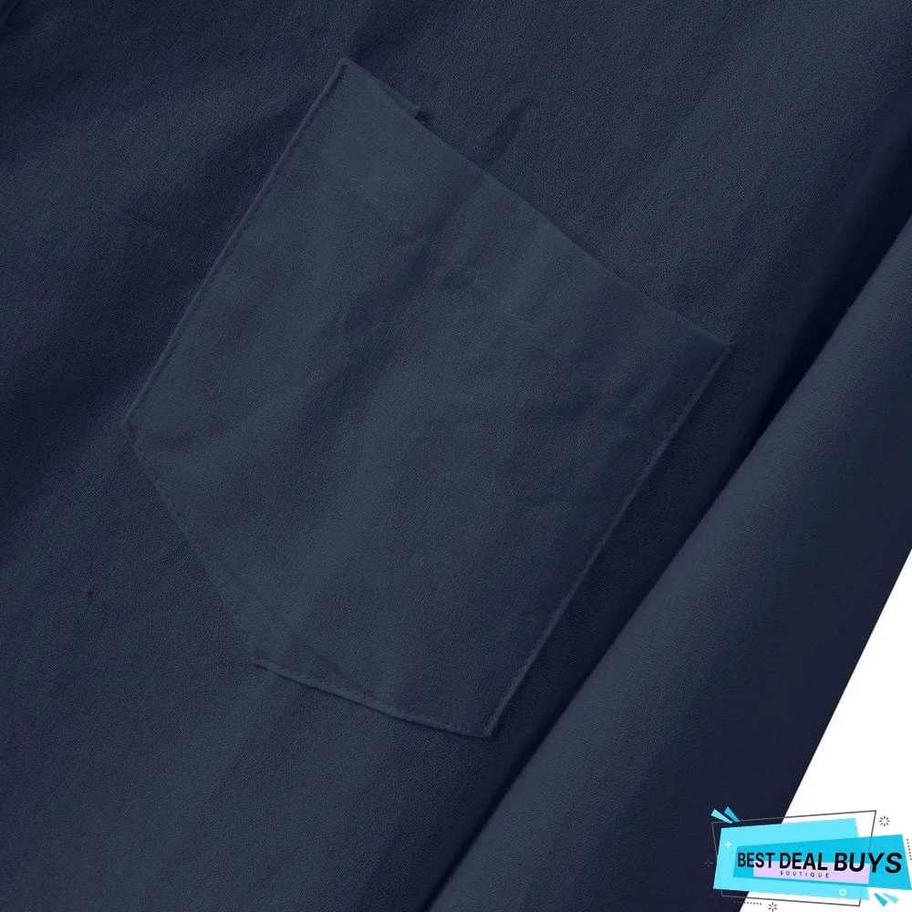 Men's Baggy Cotton Linen Solid Multi-Pocket Short Sleeve Turn-down Collar Shirts Linen