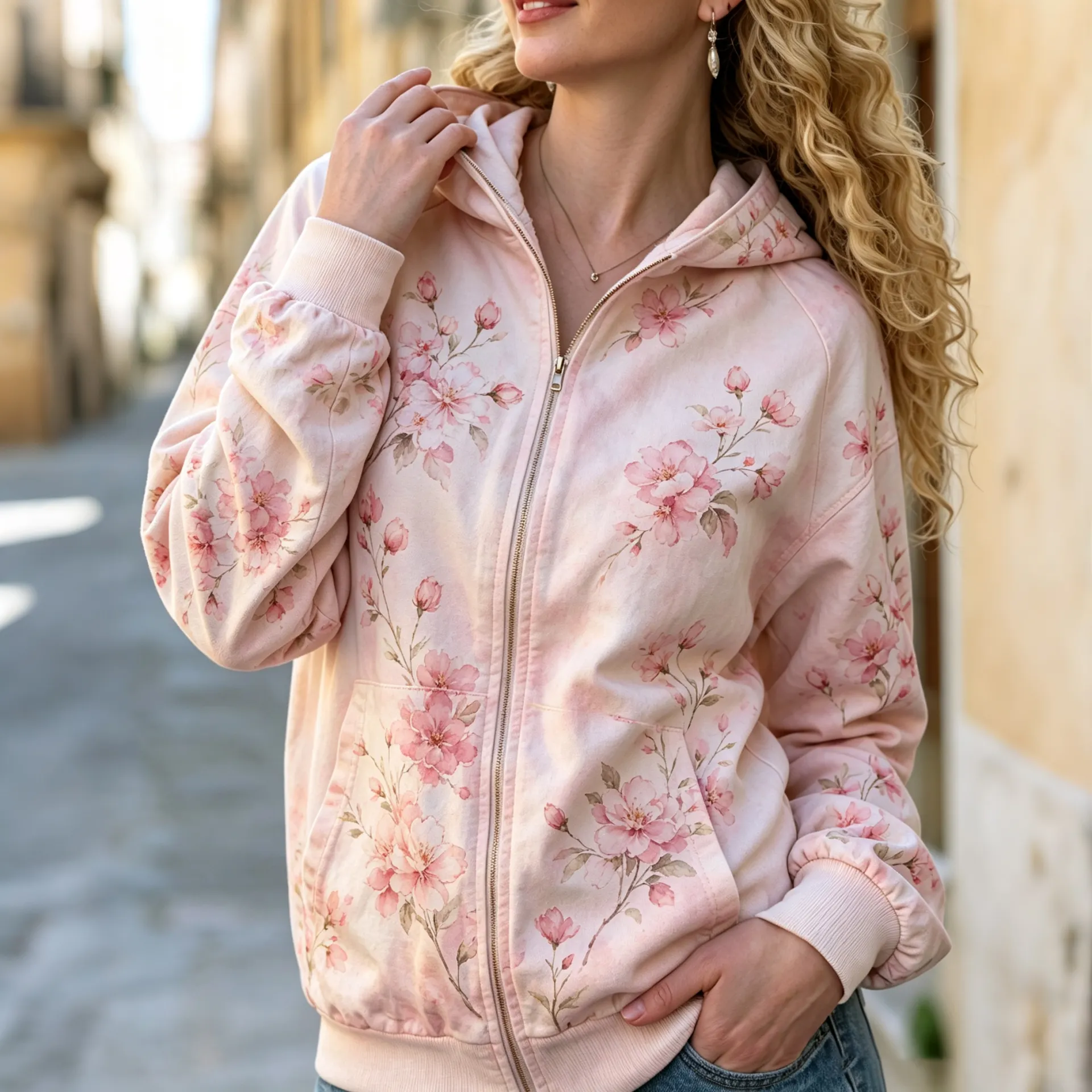 Comstylish Women's Floral Art Print Casual Zip Up Hoodie