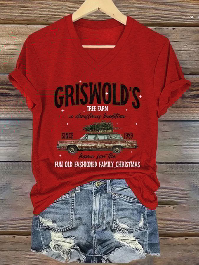 Women's Griswold's Tree Farm Vintage Family Christmas Print V-Neck T-Shirt