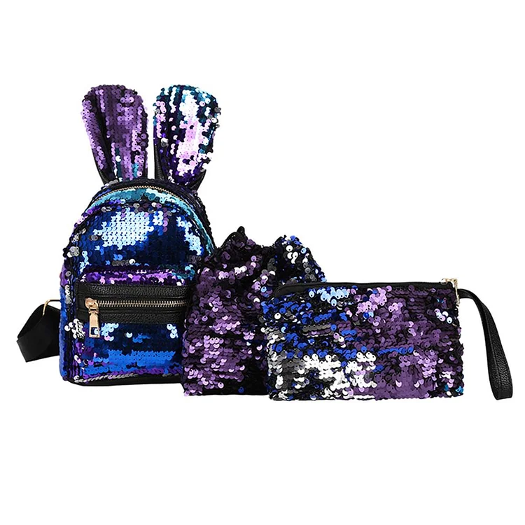 3pcs/Set Women Rabbit Ears Mini Sequins Backpack Clutch Shoulder Bags/Blue