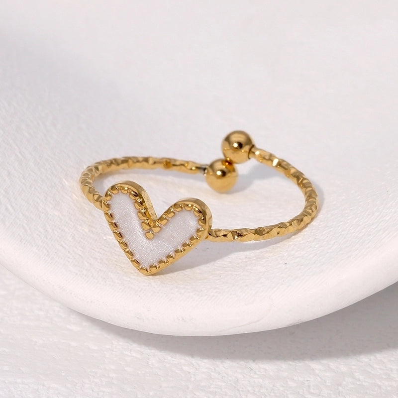 Cute Vintage Style Heart Shape 304 Stainless Steel 18K Gold Plated Enamel Open Rings