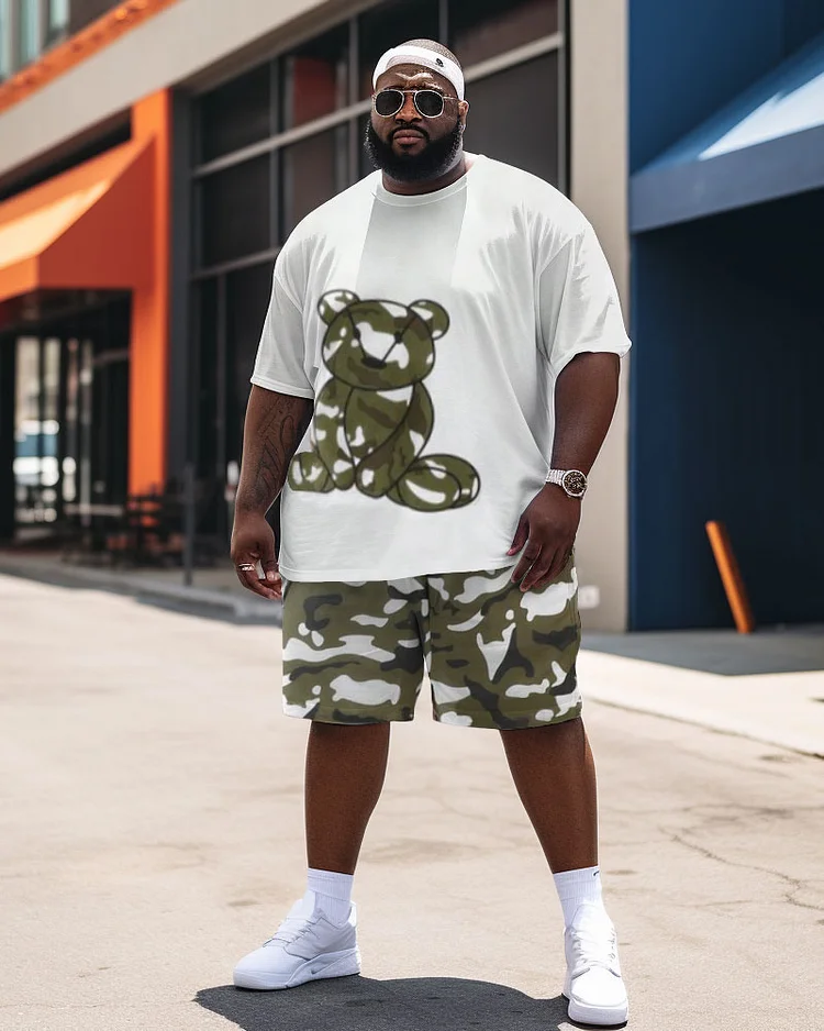 Men's Large Size Street Cartoon Bear Camouflage Graffiti Short Sleeve Shorts Set