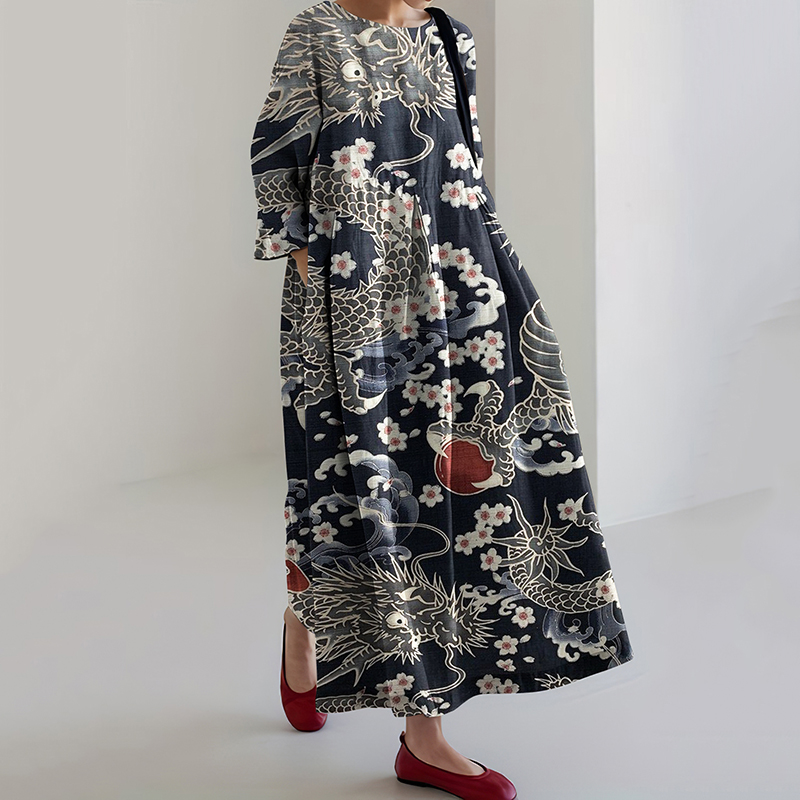 Comstylish Vintage Japanese Art Print Midi Dress