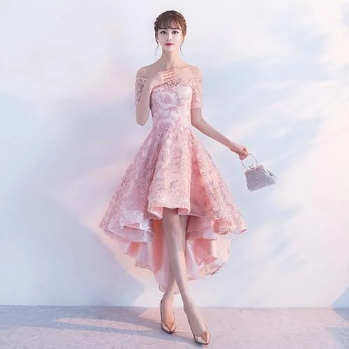 PotN'Patio High Low Homecoming Dresses Pink Off The Shoulder Lace Prom Party Dresses 2017