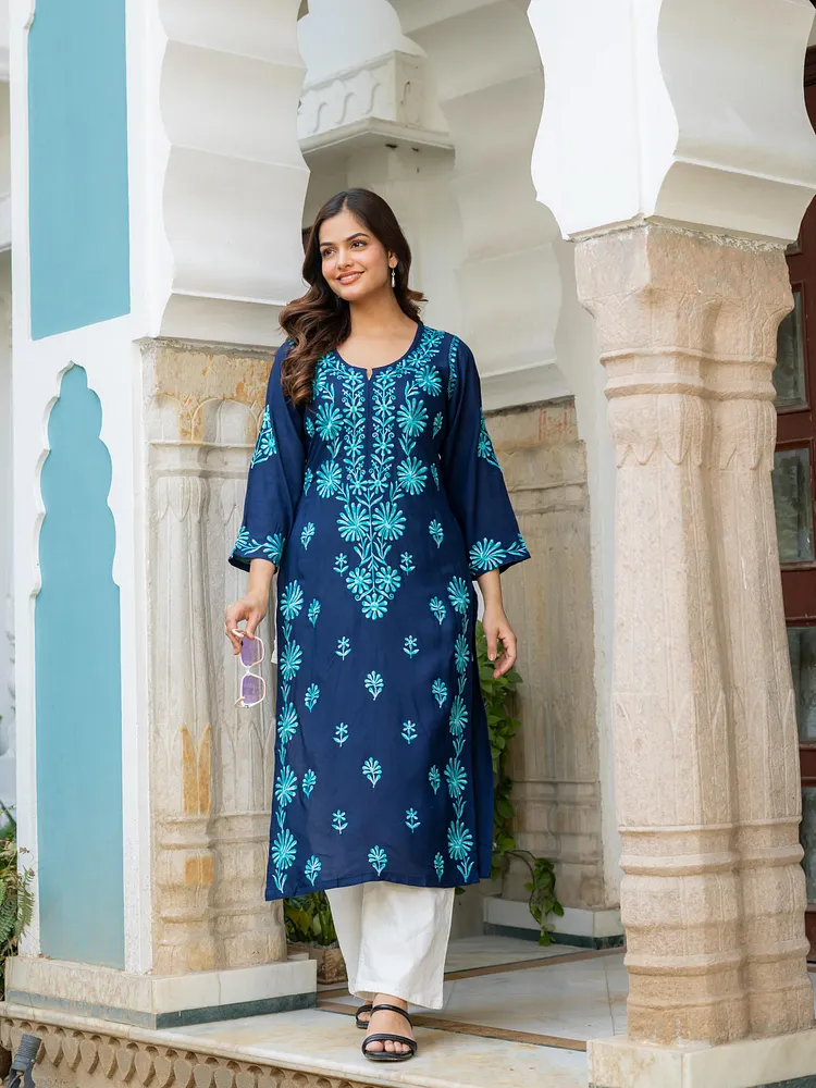 Women Navy Blue Teal Embroidered Straight Kurta | Round Neck with Slit | Ethnic Wear