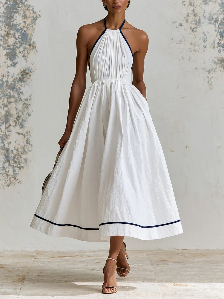 Elegant Contrast Trim Halter Midi Dress &ndash; Minimalist White Summer Dress With Pleated Bodice & Flowy A-Line Skirt