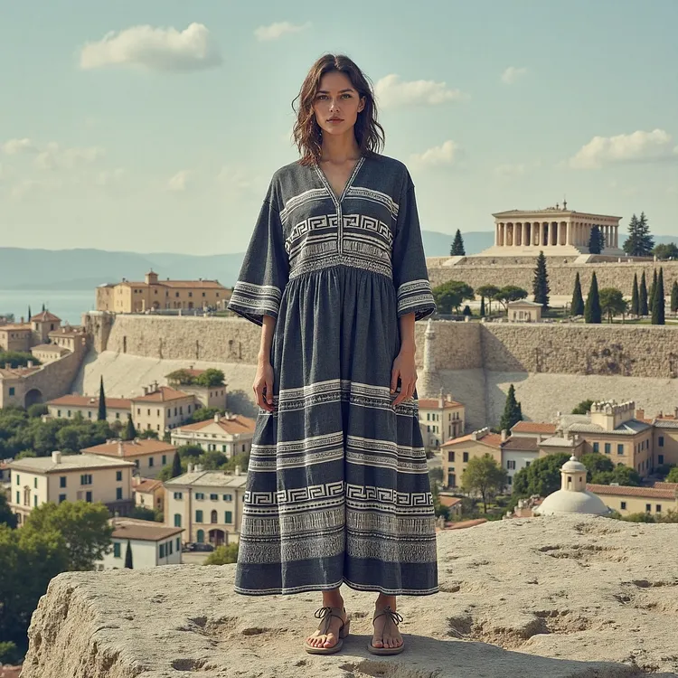 Retro Greek Key Graphics V Neck Linen Blend Dress