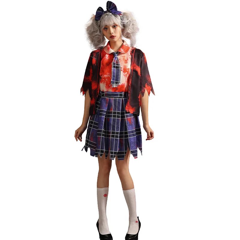 [Wetrose] Halloween Bloody School Girl Cosplay Costume Zombie Vampire Coat Plaid JK for Women Party Carnival Ripped