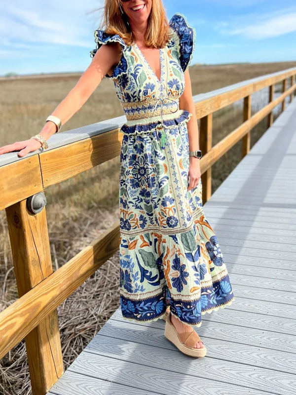 Floral Ocean Tapestry Green Maxi Dress