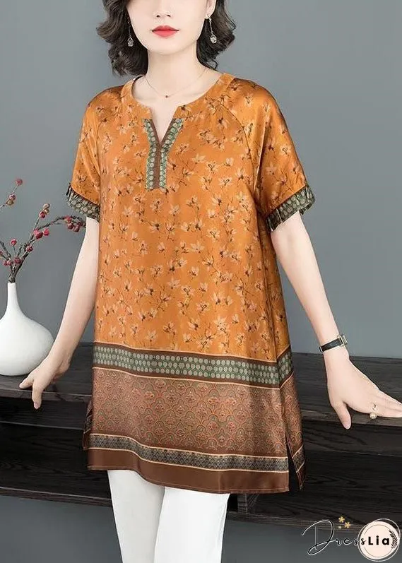 Plus Size Yellow V Neck Print Patchwork Ruffled Silk Tops Short Sleeve