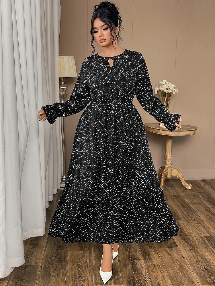 2025 Euro-American Retro Polka Dot Long-Sleeve Dress, Loose & Figure-Hiding Plus-Size Women's Commute Style