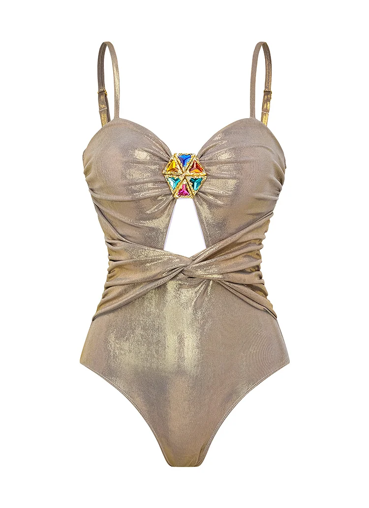 Stone Decoration Shiny One Piece Swimsuit and Skirt 