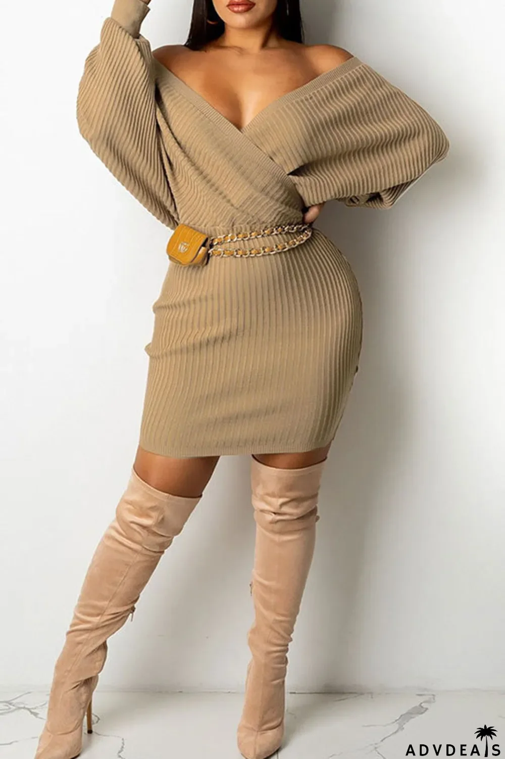 Sky Blue Sexy Solid Split Joint V Neck Pencil Skirt Dresses(Without Belt)