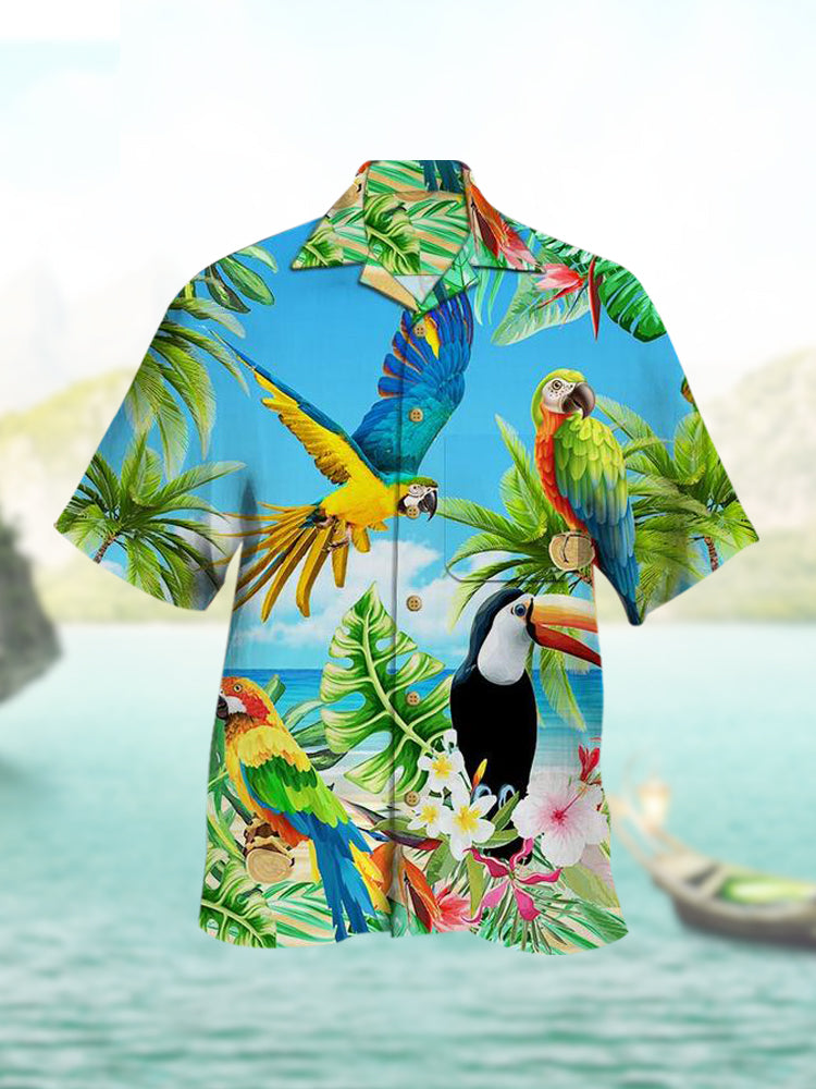 Hawaiian Shirt With Tropical Parrot Print Cuban Collar PLUSCLOTHESMAN