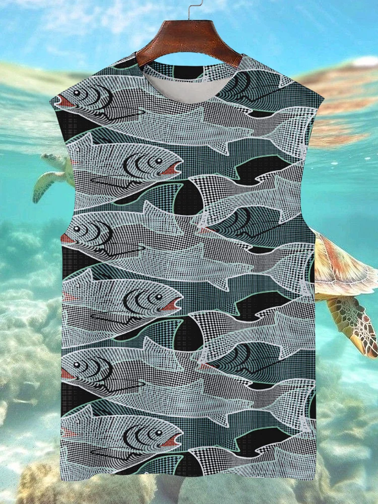 Men's Color Block Fish Abstract Art Print Tank Top