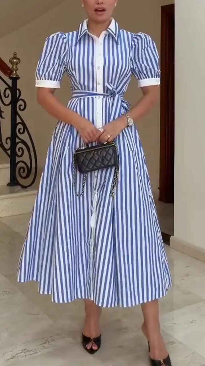 Women Collar Vertical Stripe Buckle Elegant Casual Maxi Dresses