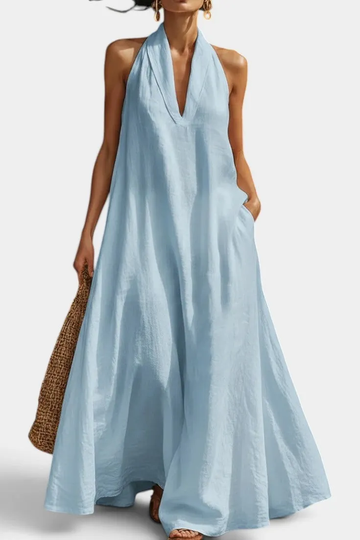 Flowy Halter-Neck Maxi Dress with Deep V-Neck