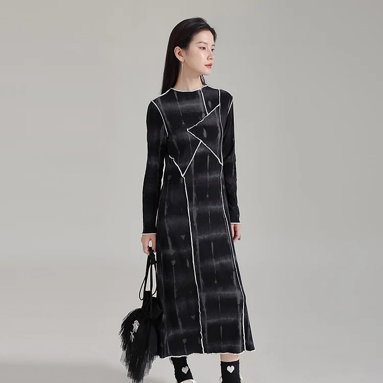 Irregular Splicing Slim Long Sleeve Midi Dress - yankia