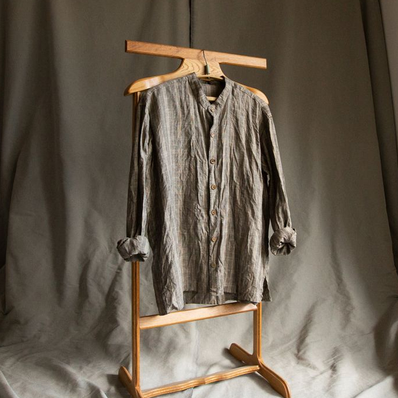 Men's Plaid Cotton and Linen Long Sleeve Shirt