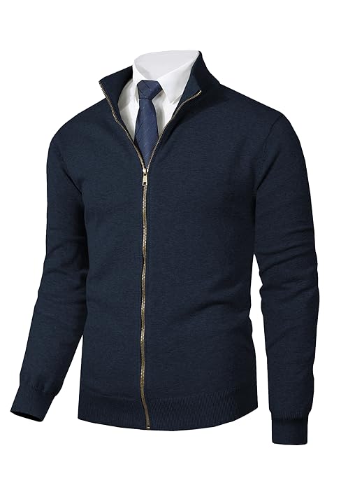 Kallspin Men's Pure Cotton Full Zip Up Sweater Cardigan Stand Collar Lightweight Knitted Cardigan