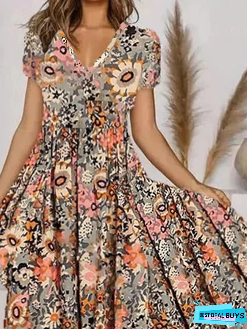 Casual Floral V Neck Short Sleeve A-line Dress