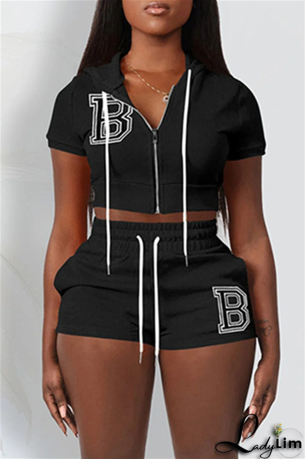 Pink Fashion Casual Letter Solid Embroidered Hooded Collar Short Sleeve Two Pieces