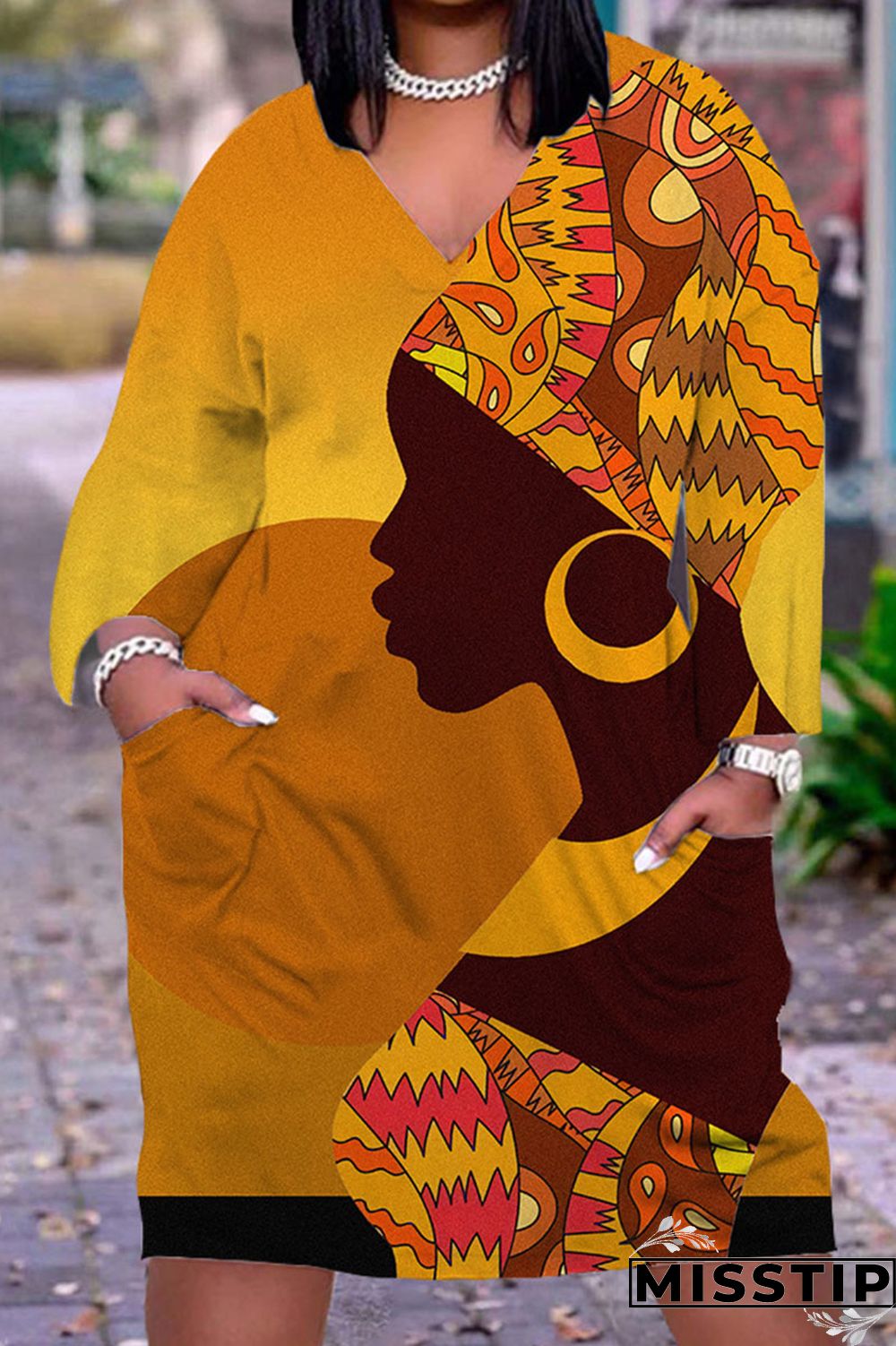 Gray Cyan Casual Print Patchwork V Neck Straight Dresses