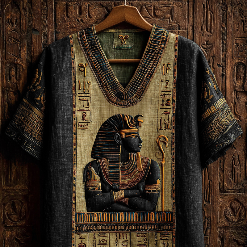 Ancient Egyptian Osiris & Runes Embroidered Contrast Linen Shirt