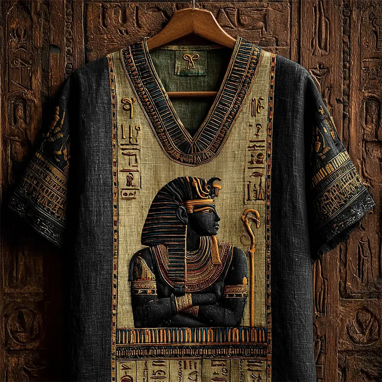 Ancient Egyptian Osiris & Runes Embroidered Contrast Linen Shirt
